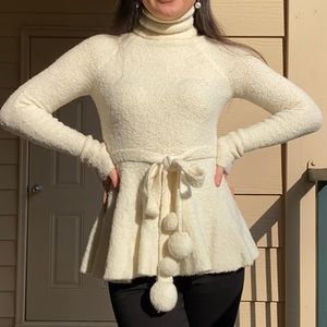 Ivory Wool Blend Sweater with Pom Pom Waist Tie XS